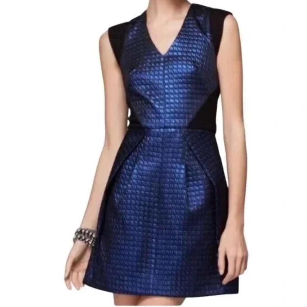 TIBI Jacquard Ponte Blue and Black V-Neck  Party Dress 0 RARE